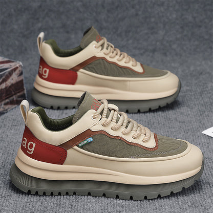 Outono 2025 Novos Sapatos Desportivos Casuais de Tabuleiro Sapatos de Pai de Sola Grossa Estilo Hong Kong Sapatos de Pão de Pele Baixo A-Gan Sapatos para Homens