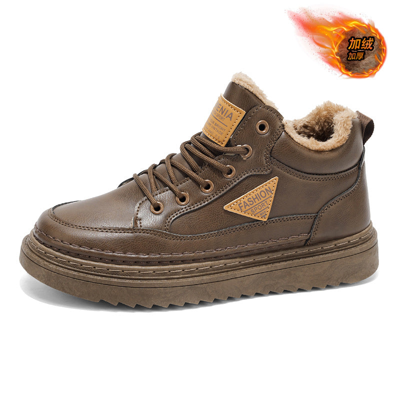 Sapatos masculinos forrados a fleece, ténis altos de outono/inverno 2025, pele de homem quente, sapatos de algodão espesso, botas Martin de cano baixo