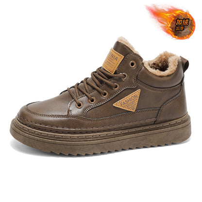 Sapatos masculinos forrados a fleece, ténis altos de outono/inverno 2025, pele de homem quente, sapatos de algodão espesso, botas Martin de cano baixo
