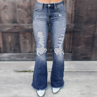 Vendas diretas de fábrica de jeans femininos europeus e americanos, calças emagrecidoras de cintura alta 2025 novas e confortáveis de ganga elástica rasgada e alargada