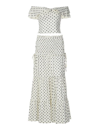 Conjunto de vestido longo para mulheres europeias e americanas de moda laço de bolinhas com laço longo de moda elegante de moda laço de bolinhas