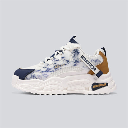 Ténis baixos de malha Warrior com rede respirável, sapatos casuais casuais anticolisão de bambu com sola grossa e de primavera, sapatos masculinos de moda na moda