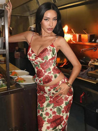 Amazon 2026 Summer 2026 Conjunto de Saias Longas Ajustadas ao Corpo Estampado Floral Floral com Estampado em V, Alças Finas e Ajustados ao Corpo da Anca na Amazon 2026