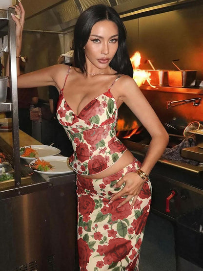 Amazon 2026 Summer 2026 Conjunto de Saias Longas Ajustadas ao Corpo Estampado Floral Floral com Estampado em V, Alças Finas e Ajustados ao Corpo da Anca na Amazon 2026