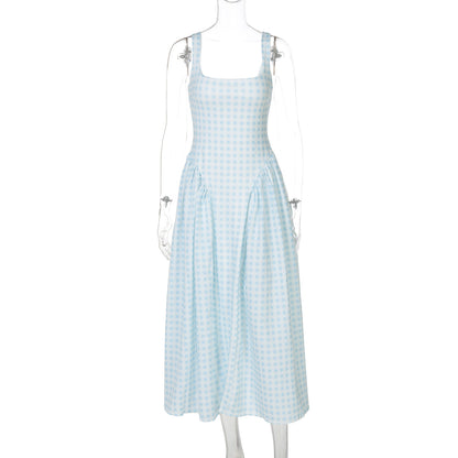 Vestido de princesa francês fresco, europeu e americano à moda que aperta a cintura, vestido slip sem costas sexy para mulheres