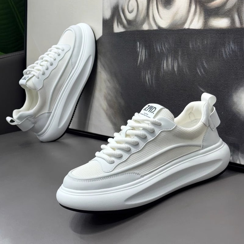 Sapatos masculinos A-Gan, sapatos desportivos de malha fina e respiráveis de verão, sapatos casuais casuais de malha com sola grossa e aumento de altura, sapatos brancos pequenos da moda